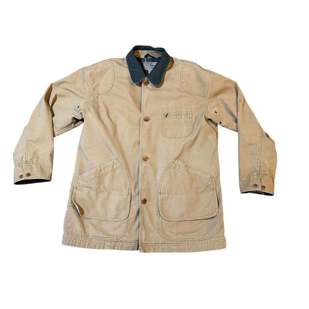 VTG LL Bean Chore Coat Men L Tan Canvas Field Jacket Plaid Flannel Liner Work